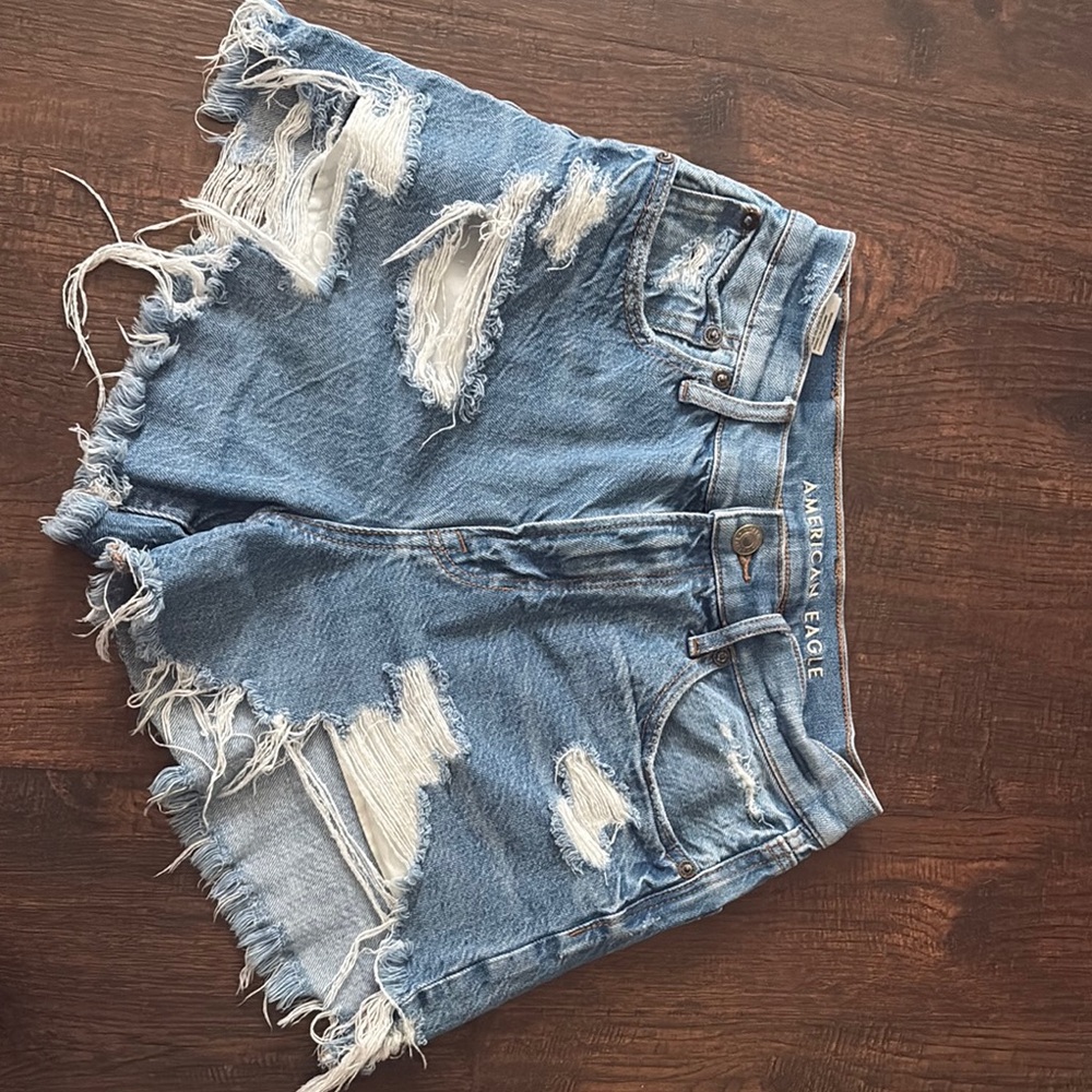 American Eagle Outfitters Blue Jean Shorts with Distressed Design